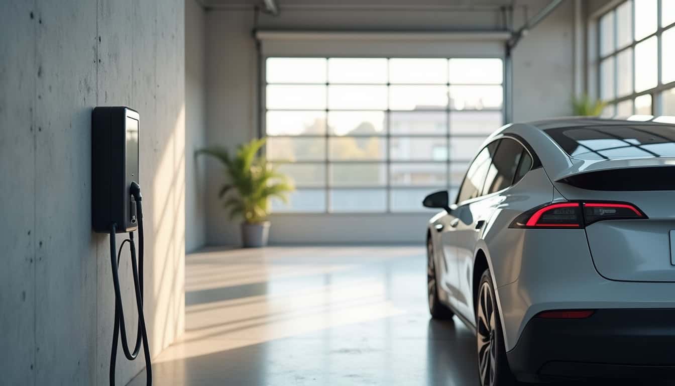 Borne de recharge pour voiture électrique installée dans un garage à Bihorel