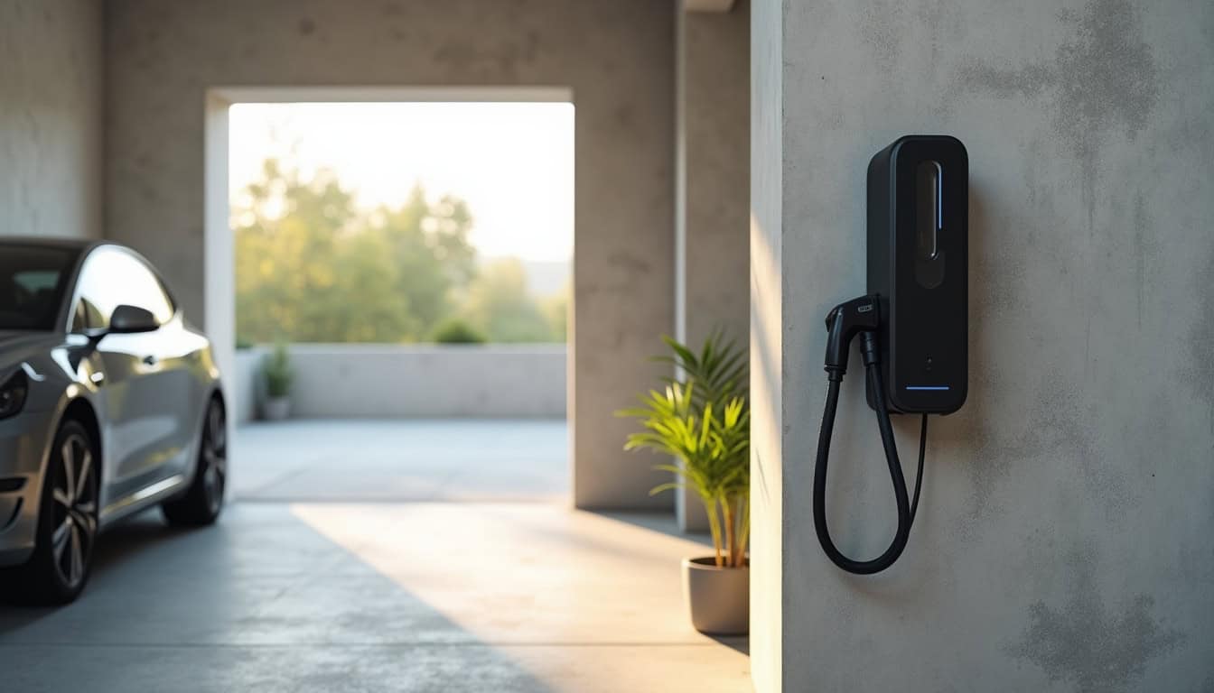 Borne de recharge pour voiture électrique installée dans un garage à Loupiac