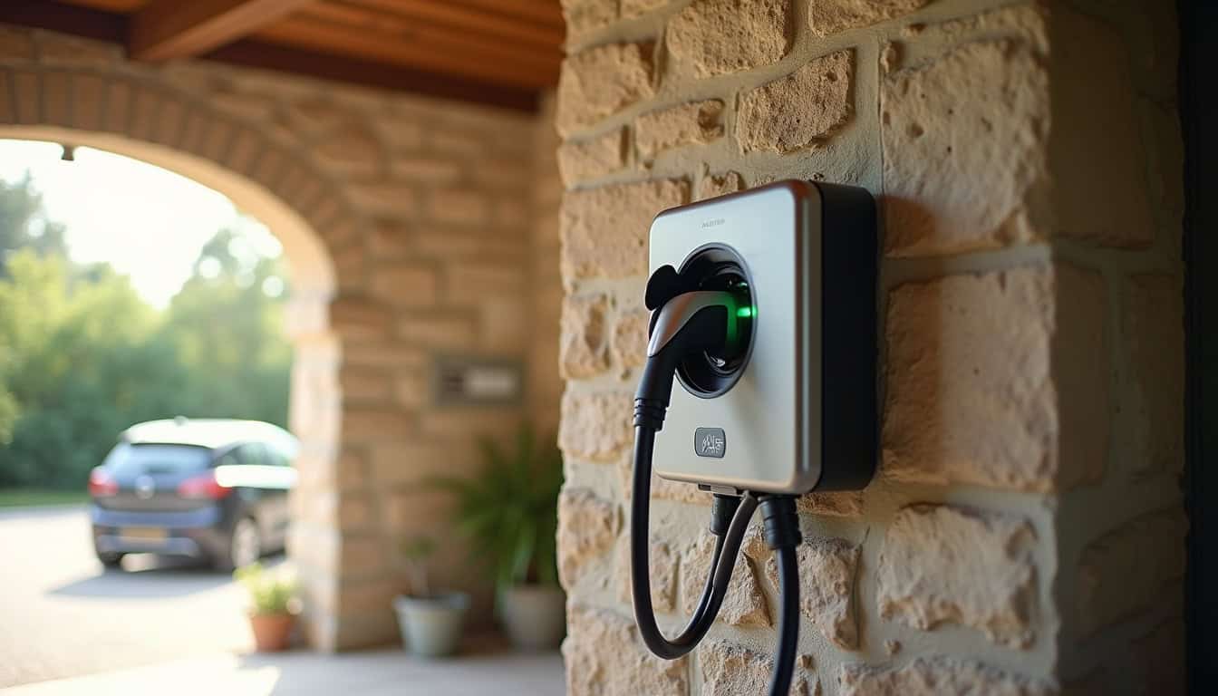 Borne de recharge pour voiture électrique installée dans un garage privé à Labastide-Saint-Sernin