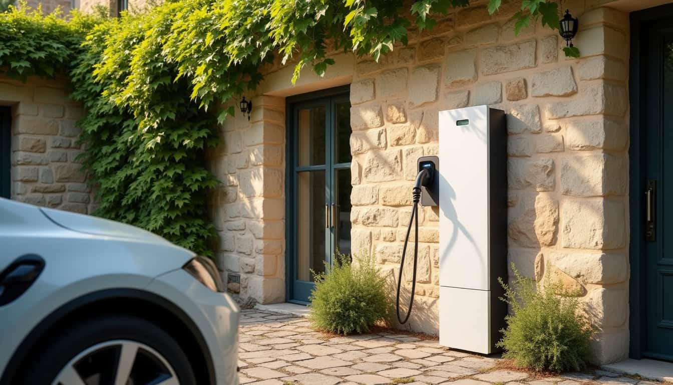 Borne de recharge pour voiture électrique installée dans une cour privée à Le Montsaugeonnais