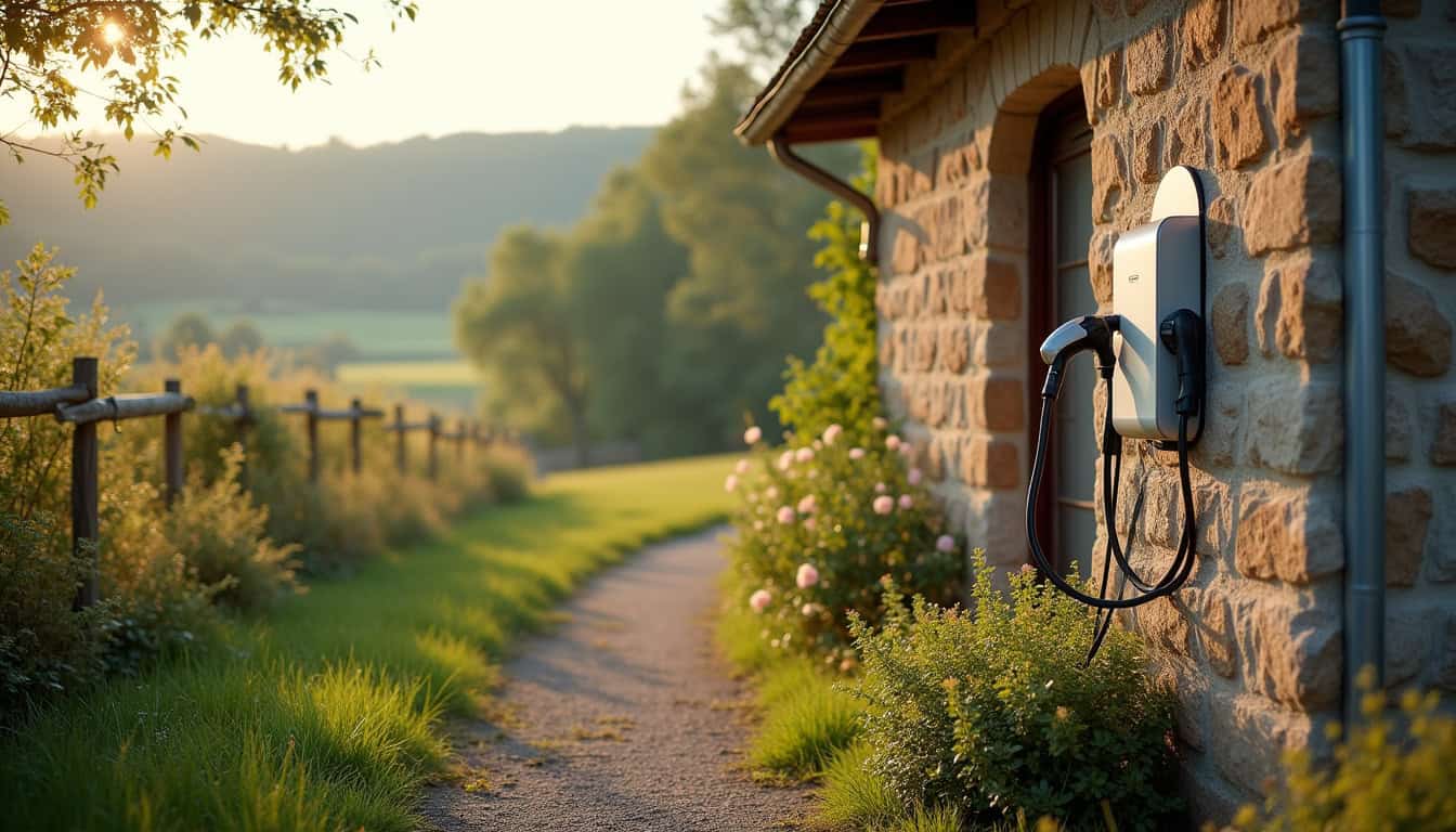 Borne de recharge pour voiture électrique installée devant une maison à Vaudelnay, dans un cadre rural paisible