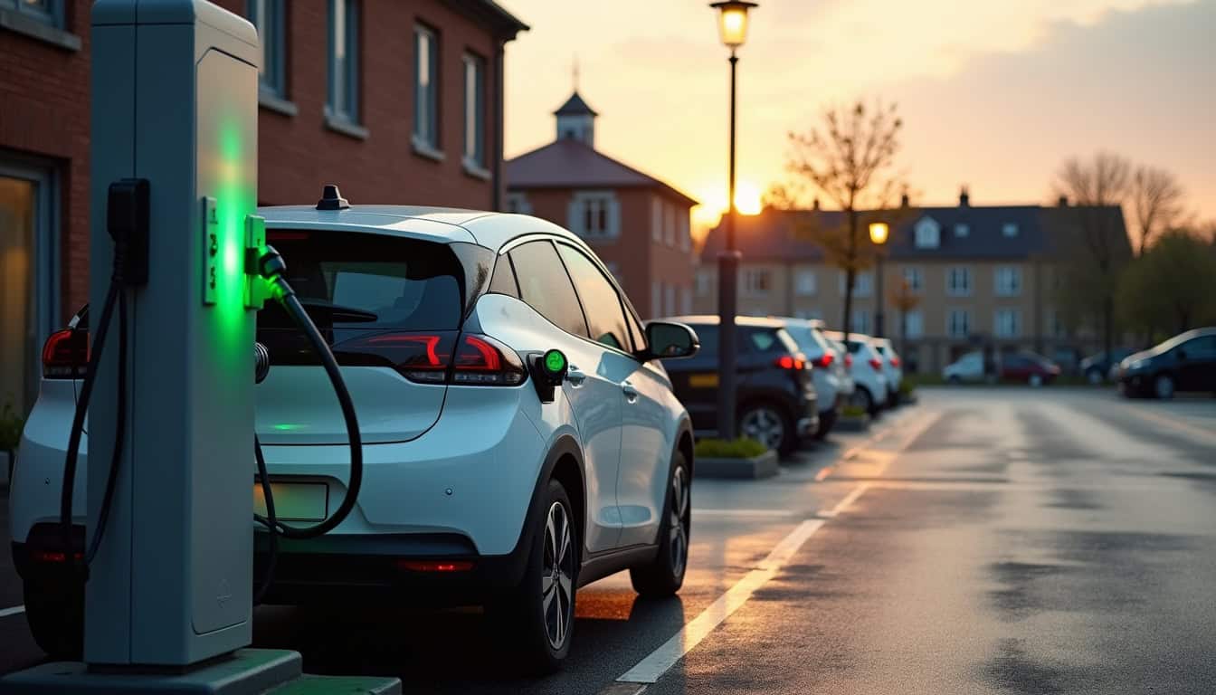 Borne de recharge publique à Gournay-en-Bray en milieu urbain, située sur un parking extérieur avec un véhicule électrique en cours de charge