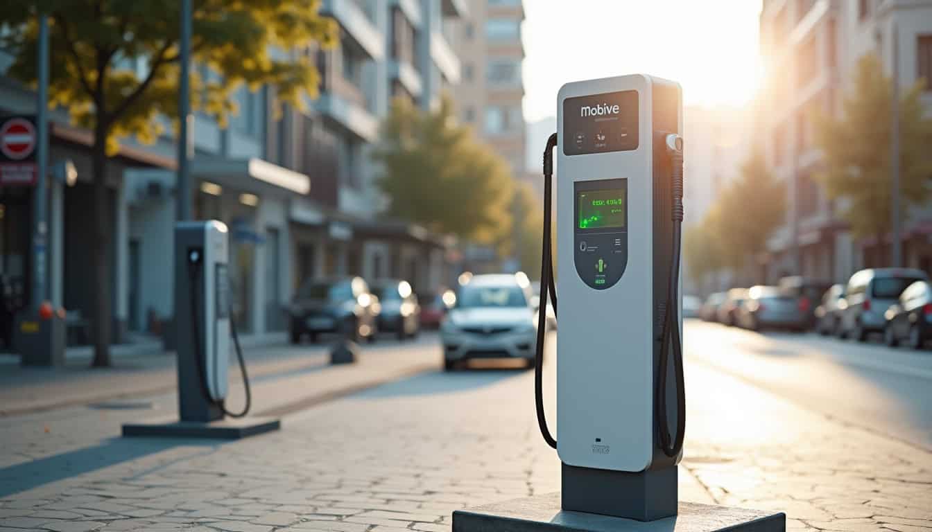 Borne de recharge publique de type Mobive installée sur la voie publique à Damazan