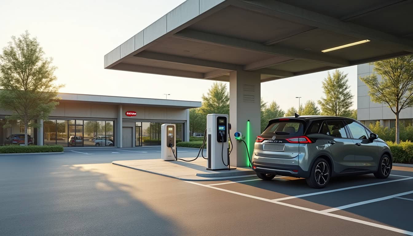 Borne de recharge publique devant Auchan à Les Martres-de-Veyre