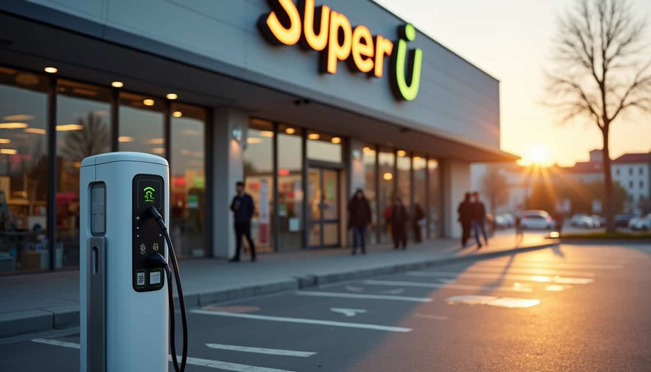 Borne de recharge publique devant le Super U d'Échiré