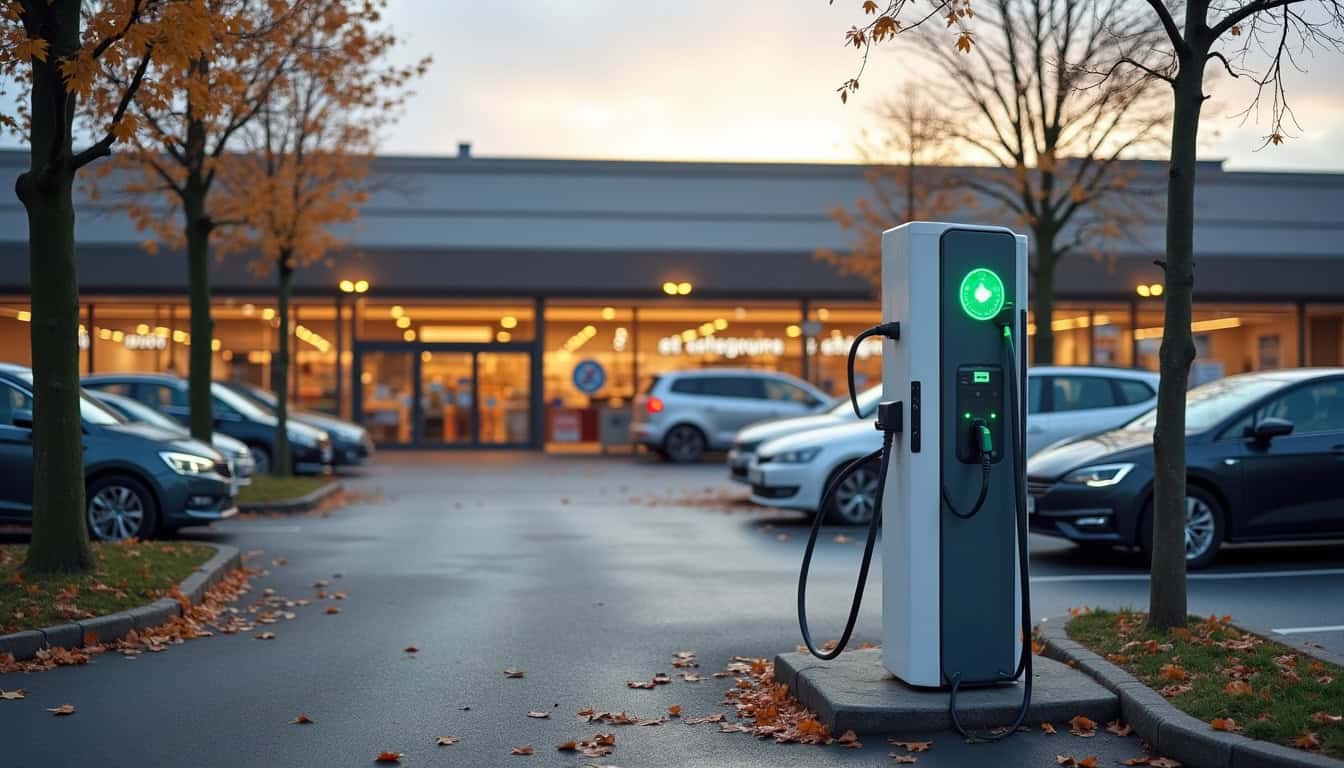 Borne de recharge publique devant un supermarché à Le Cateau-Cambrésis