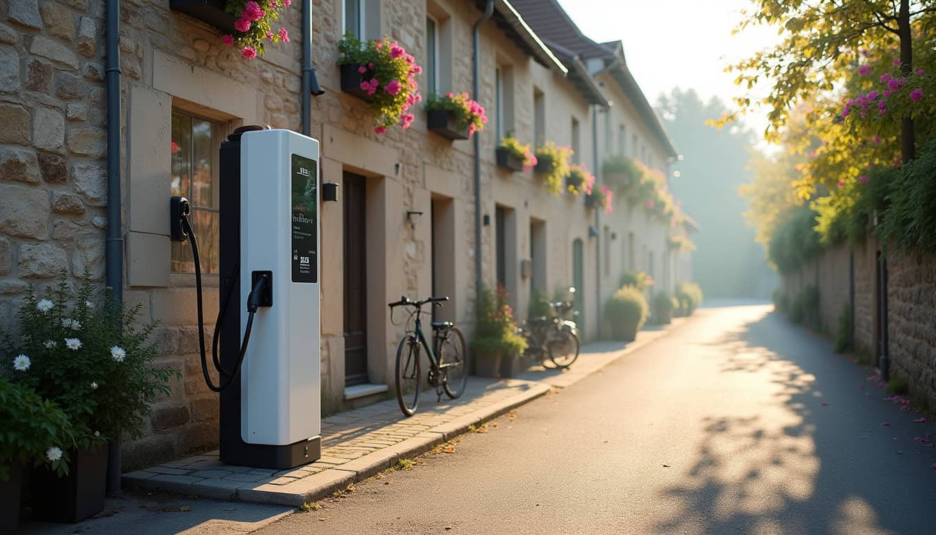 Borne de recharge publique E-Born installée rue de la Mairie à Saint-Étienne-de-Fontbellon, commune de l
