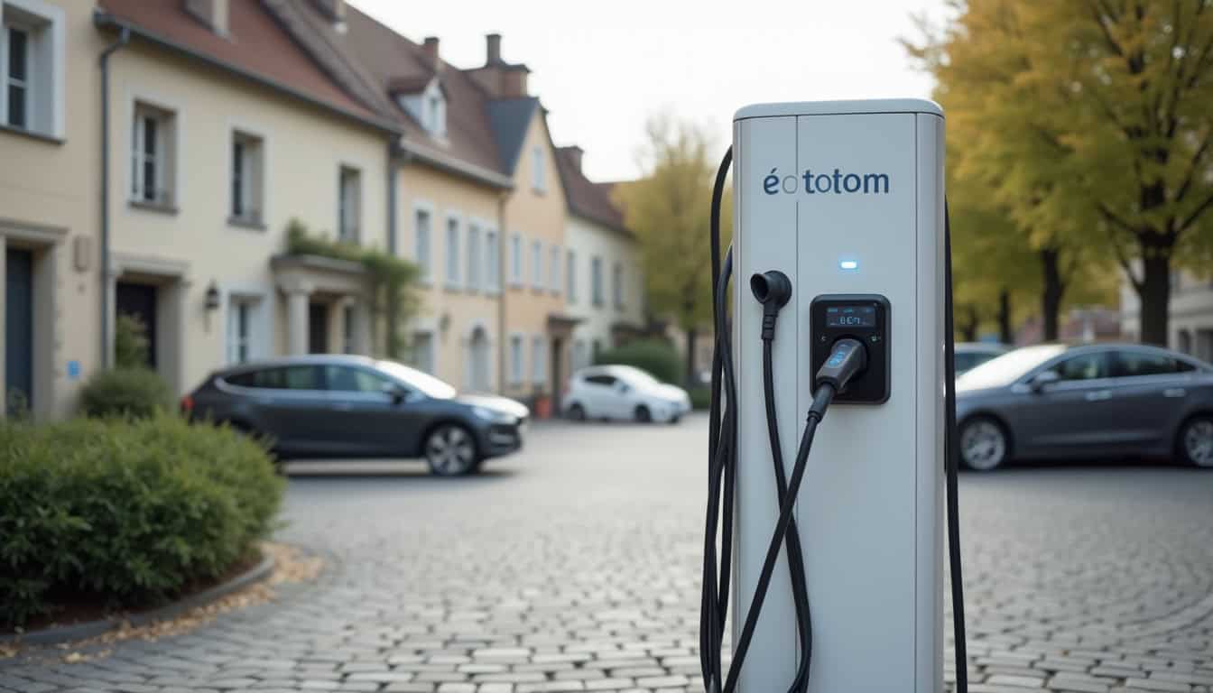 Borne de recharge publique E-Totem installée sur la place du Cas Rouge à Vimory