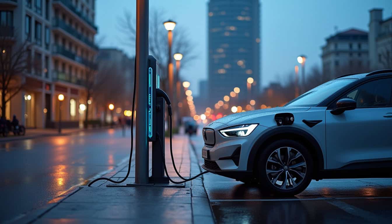 Borne de recharge publique en activité le soir à Bidart, vue urbaine avec véhicule en charge