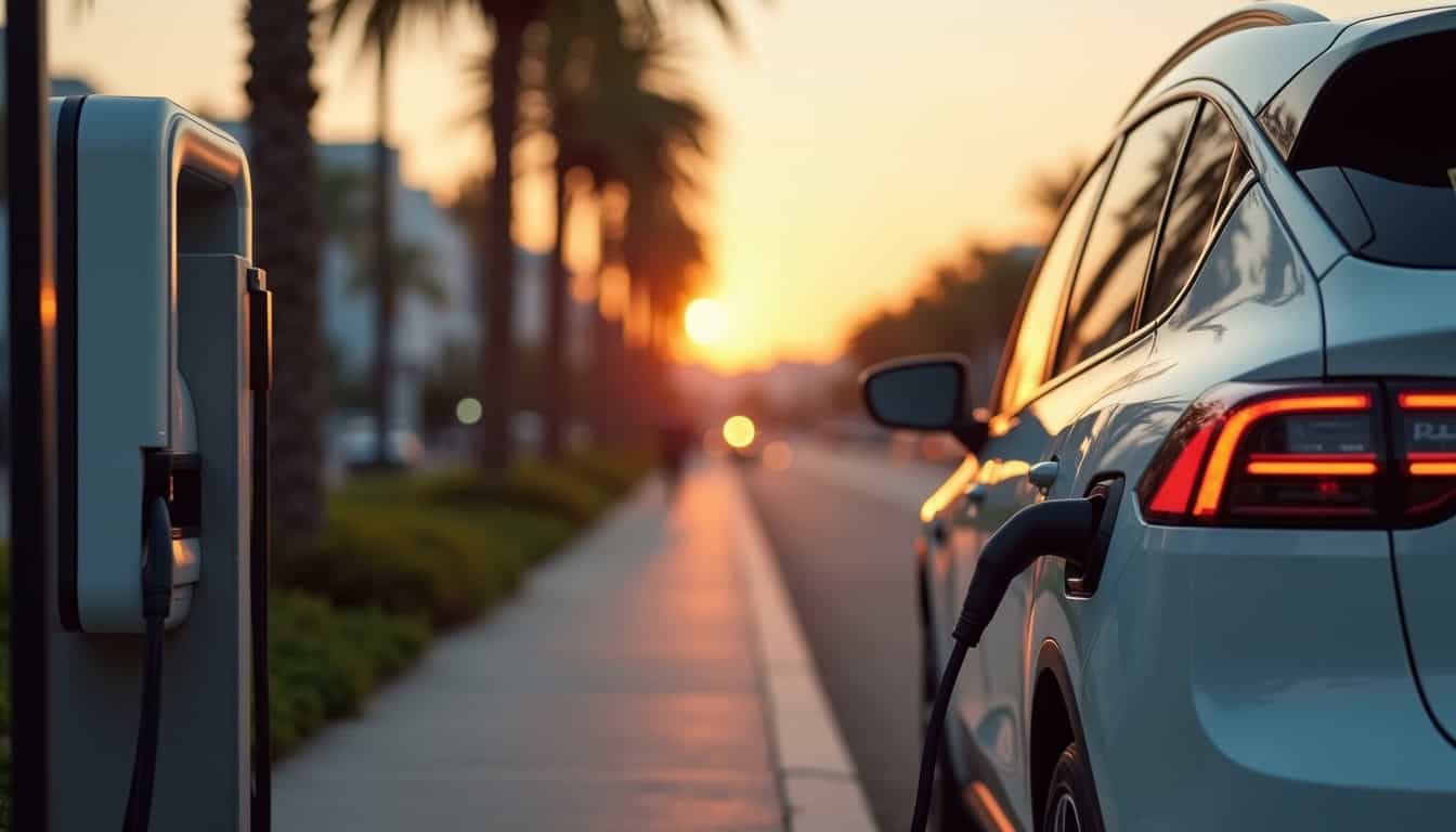 Borne de recharge publique en extérieur à Les Abymes, avec une voiture électrique en cours de charge