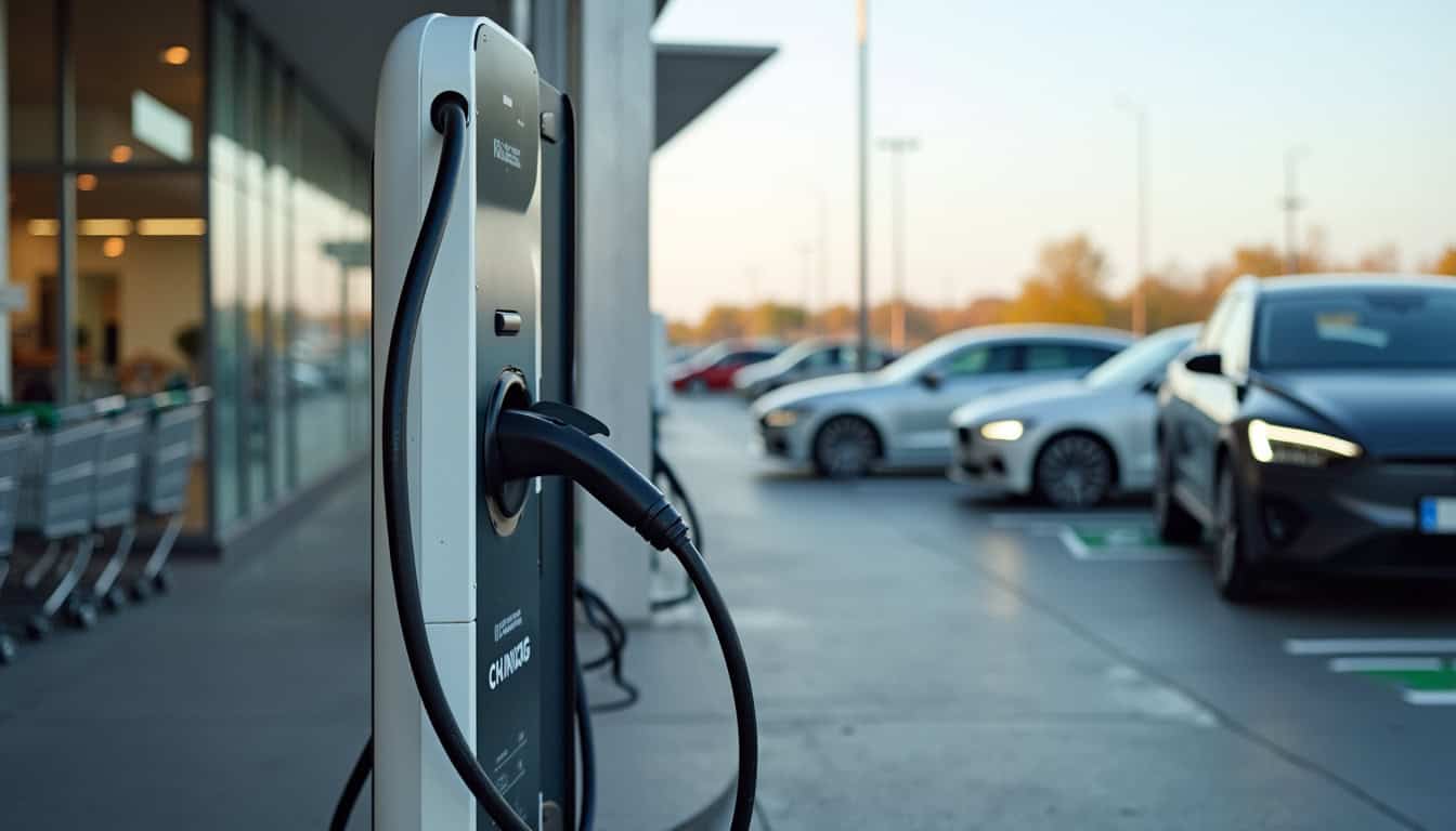Borne de recharge publique installée dans un parking de supermarché à Cormontreuil, entourée de véhicules