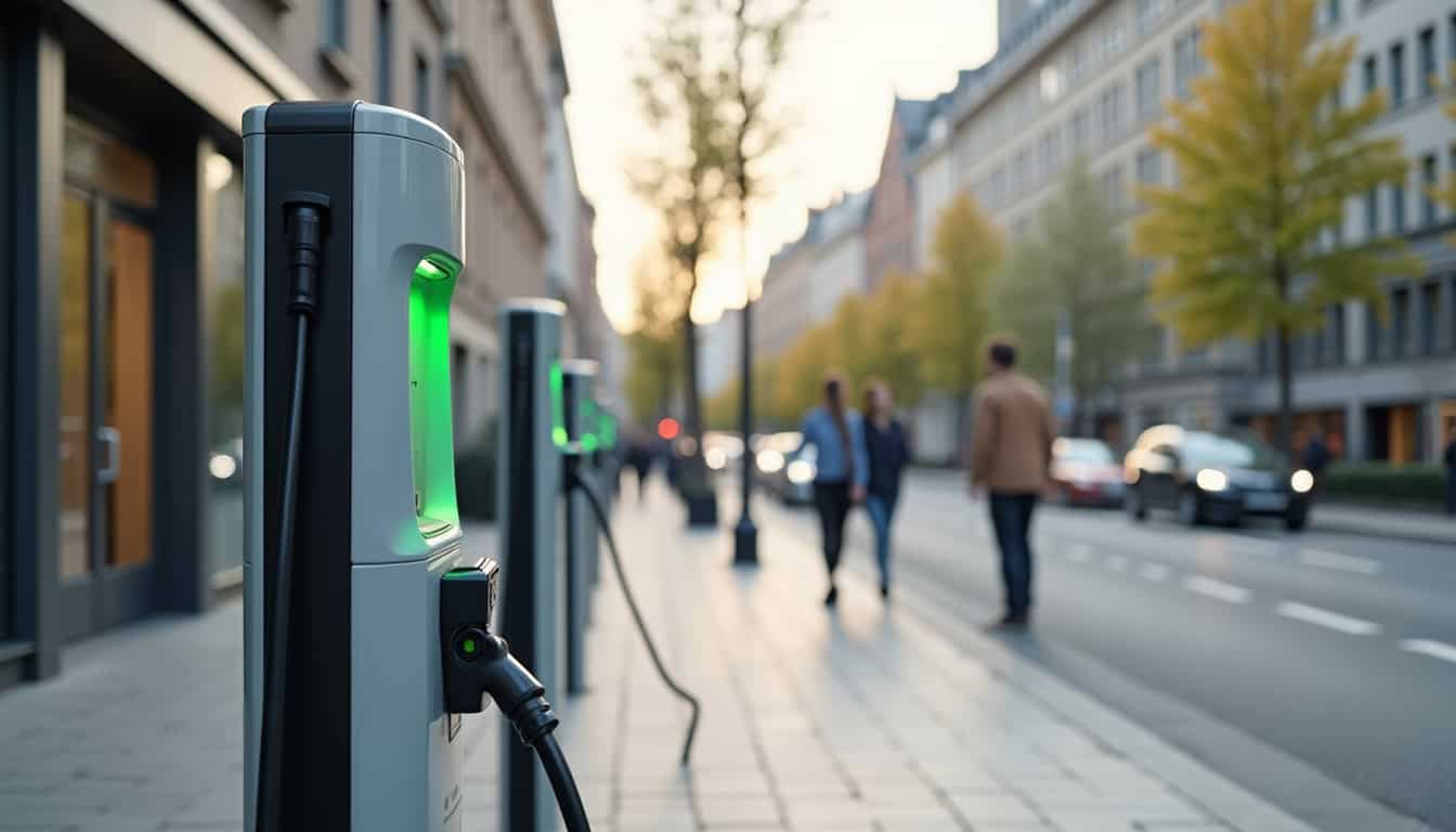 Borne de recharge publique installée dans une rue de ville