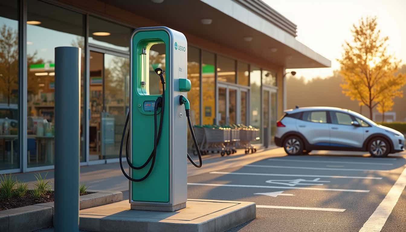 Borne de recharge publique installée devant un supermarché à Sainte-Eulalie-en-Born