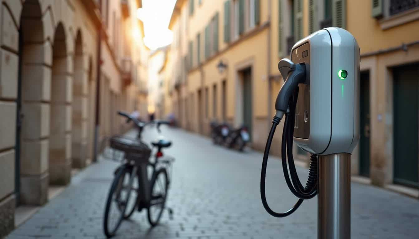 Borne de recharge publique installée en centre-ville d