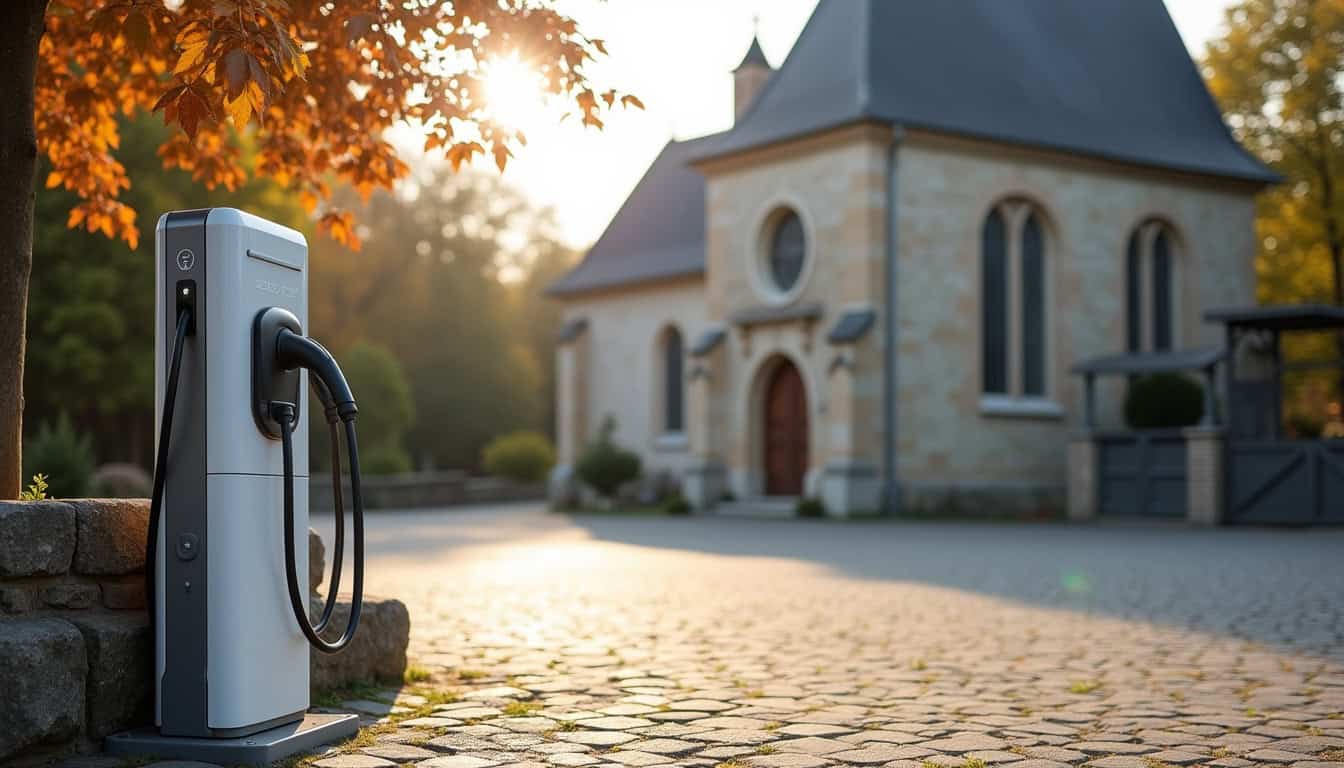 Borne de recharge publique installée sur la place de l’église à Saint-Domineuc
