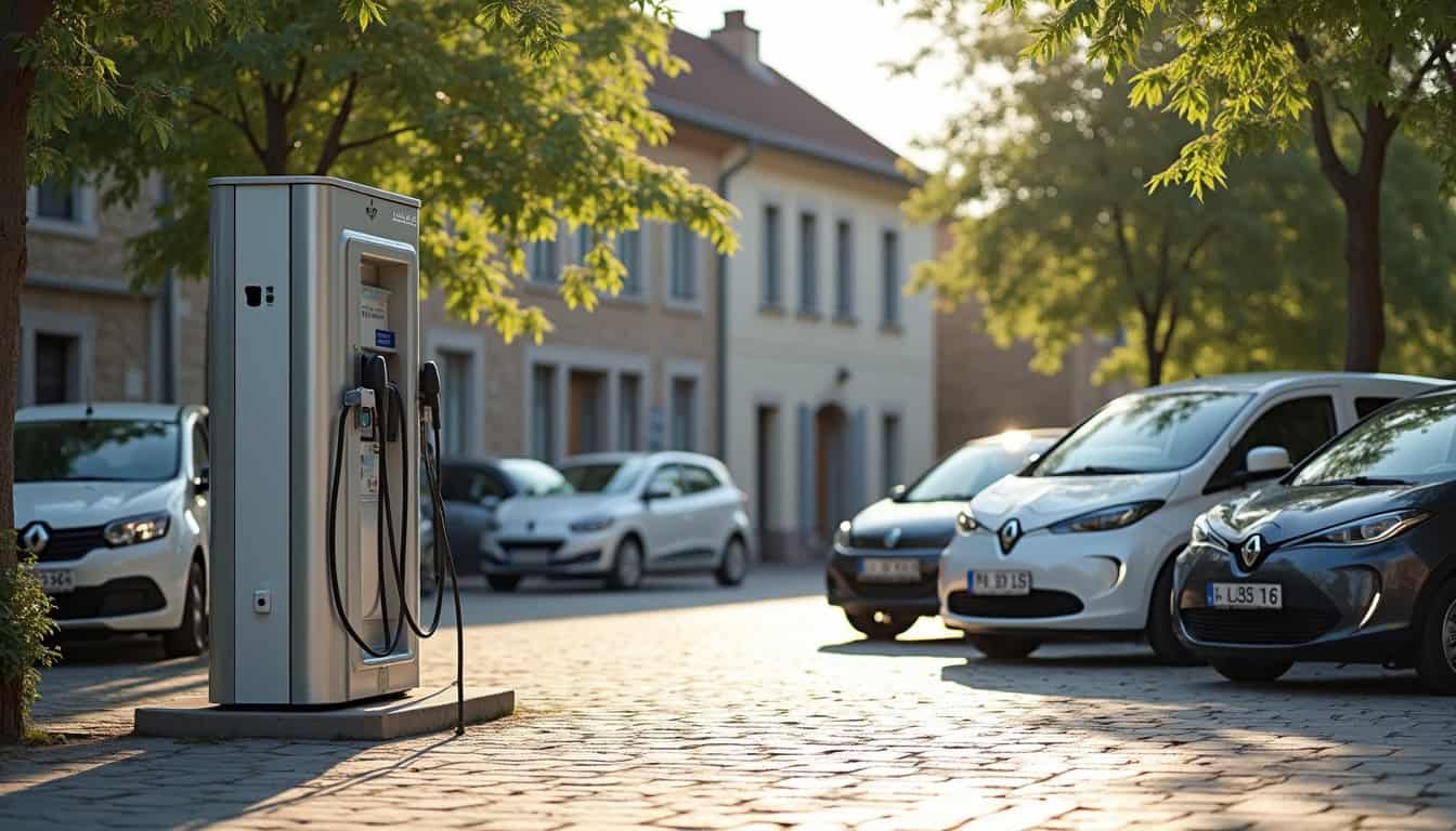 Borne de recharge publique installée sur la place des Platanes à Poisat, entourée de véhicules stationnés
