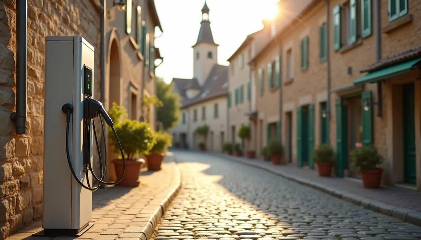 Borne de recharge publique installée sur la place du Château à Ambrières-les-Vallées
