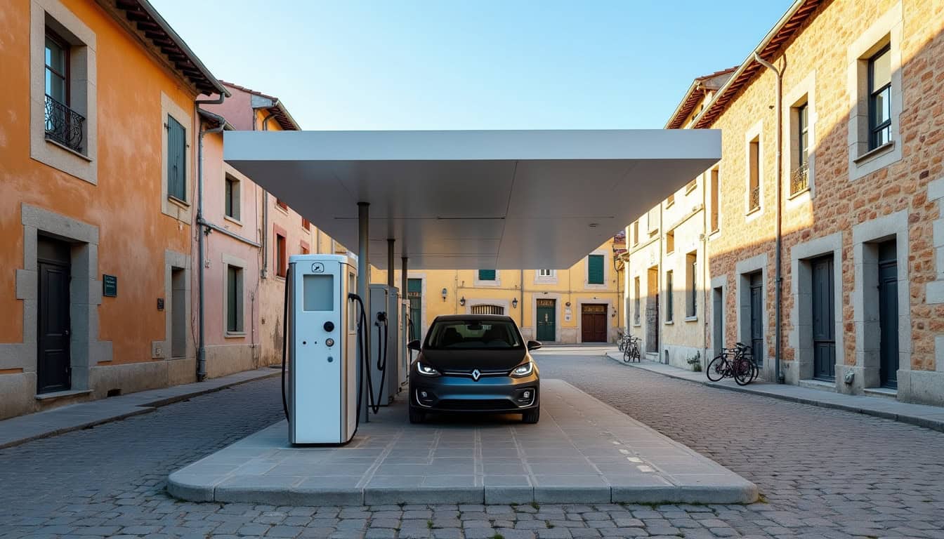 Borne de recharge publique installée sur la place du Foirail à Laguiole