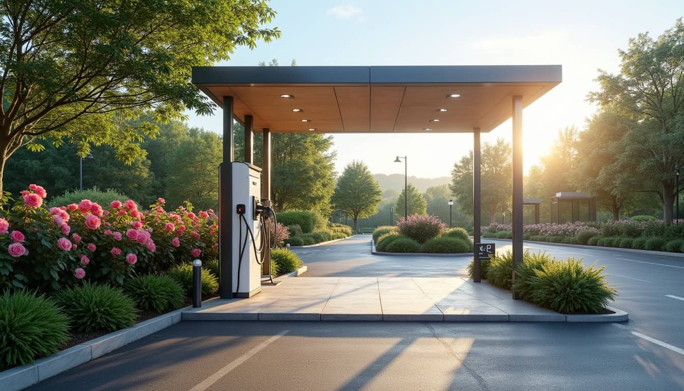Borne de recharge publique installée sur le parking de la Roseraie à Lassay-les-Châteaux