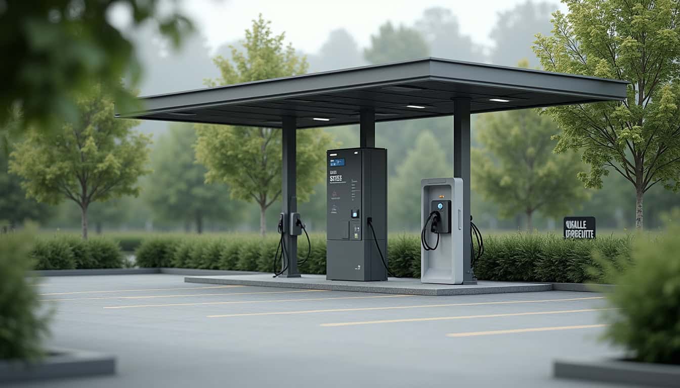 Borne de recharge publique installée sur le parking de la salle des fêtes à Plénée-Jugon