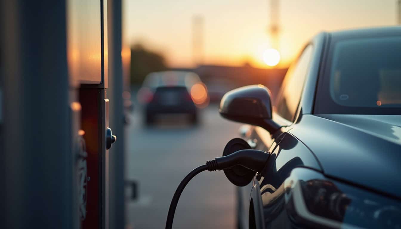 Borne de recharge publique installée sur le parking d'un supermarché à Lamotte-Beuvron, avec un véhicule en cours de charge
