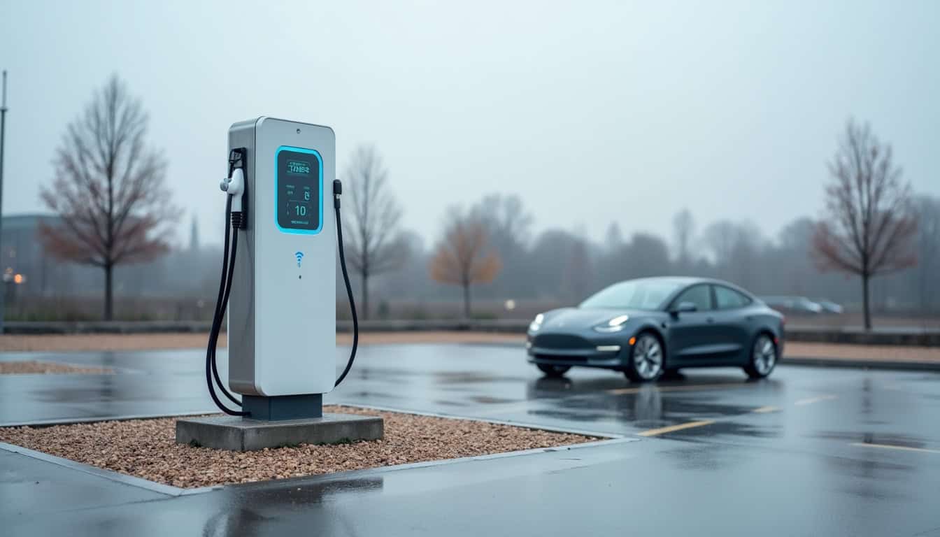 Borne de recharge publique installée sur un parking à Tinqueux