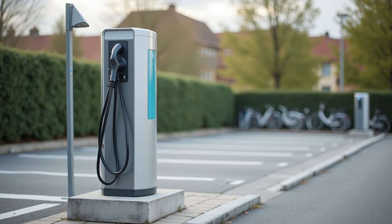 Borne de recharge publique installée sur un parking communal à Creully-sur-Seulles