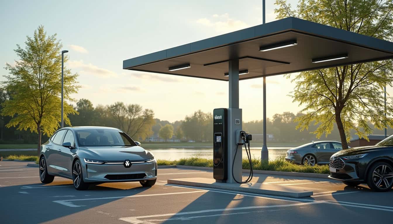 Borne de recharge publique installée sur un parking de commerce à proximité de Montigny-sur-Loing