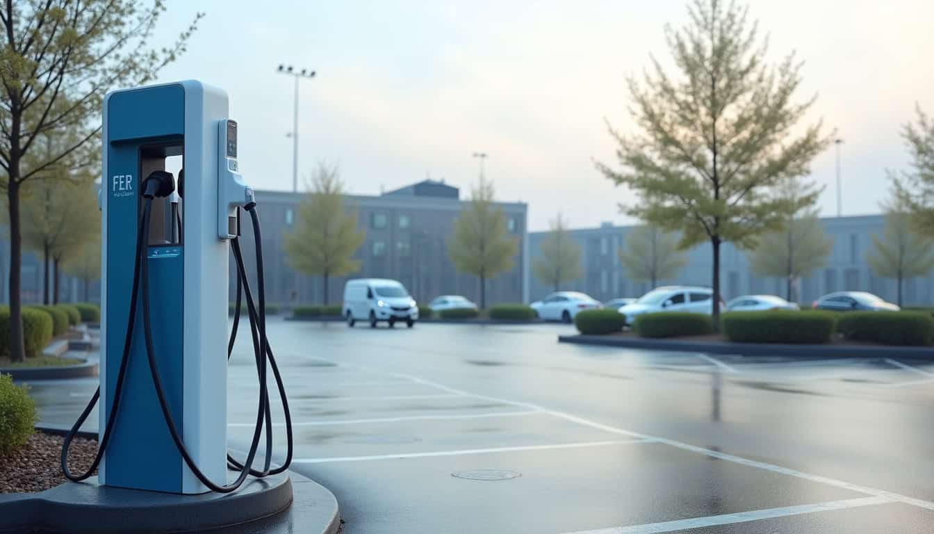 Borne de recharge publique installée sur un parking municipal à Huningue