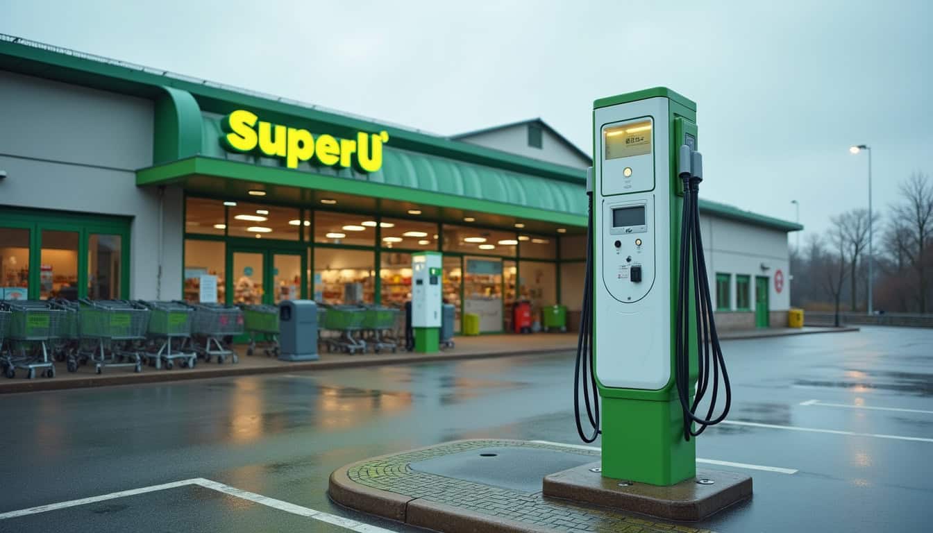 Borne de recharge publique Izivia devant le Super U à Combourg