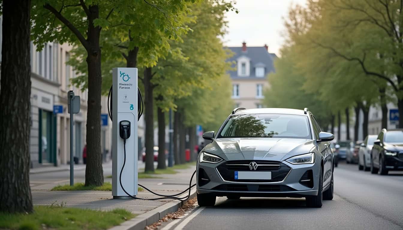 Borne de recharge publique Izivia située rue d'Alsace à Feytiat, avec véhicule électrique en cours de charge
