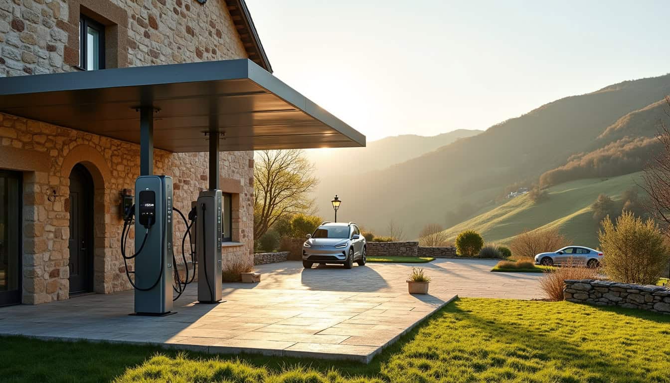 Borne de recharge publique située à l'entrée d'un hôtel à Siorac-en-Périgord