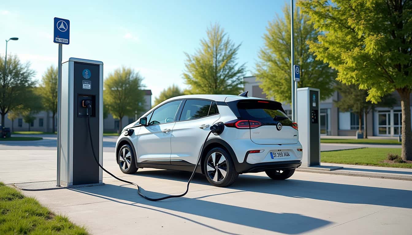Borne de recharge publique située à l'espace Jean Vial à Saint-Trivier-sur-Moignans, vue de jour avec un véhicule en charge