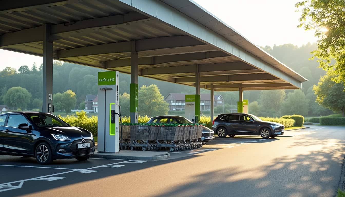 Borne de recharge publique située au Carrefour Market de Riom-ès-Montagnes