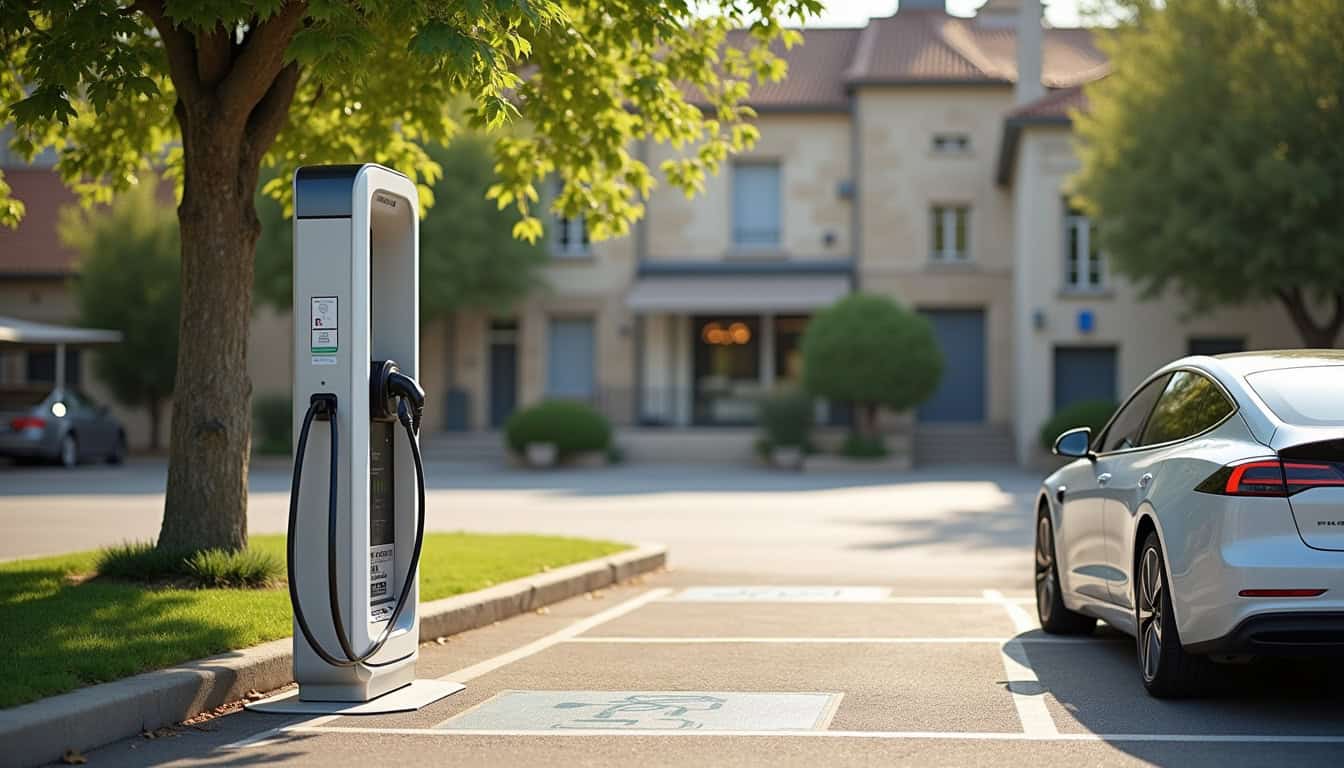 Borne de recharge publique située dans un parking de Saint-Laurent-des-Arbres