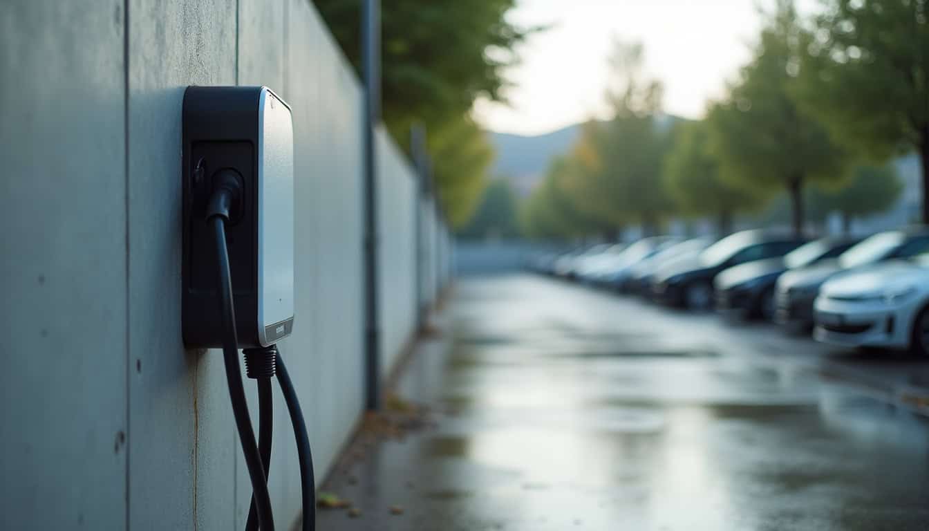Borne de recharge publique située dans un parking de Salies-de-Béarn