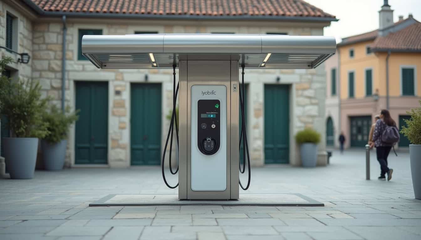 Borne de recharge publique située place de la mairie à Iteuil