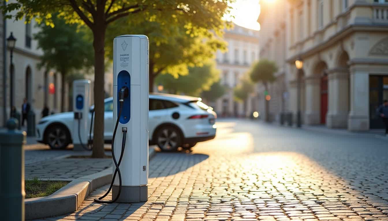 Borne de recharge publique située sur la Place de la Liberté à Vatan