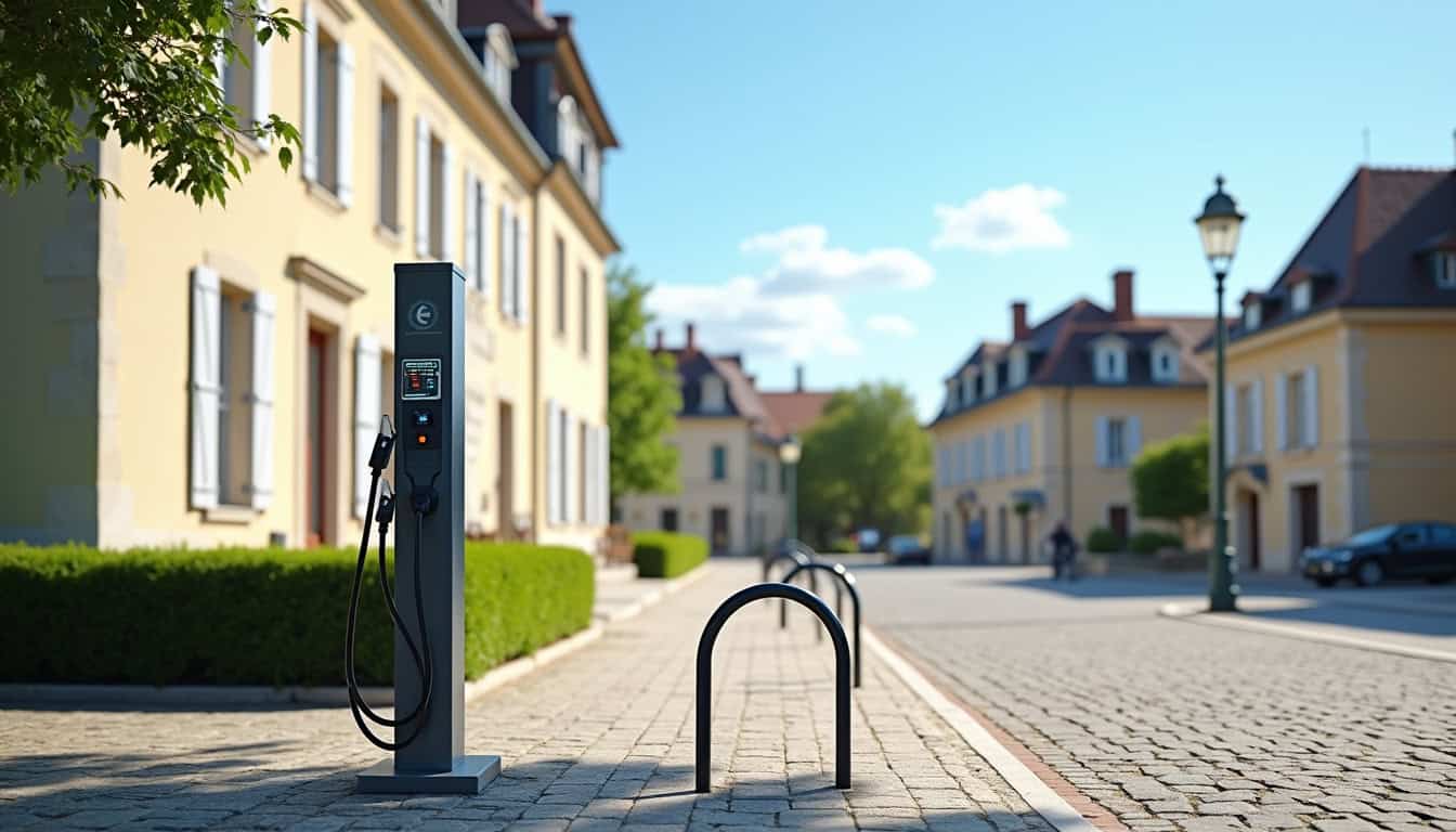Borne de recharge publique située sur la place de la mairie à Soliers