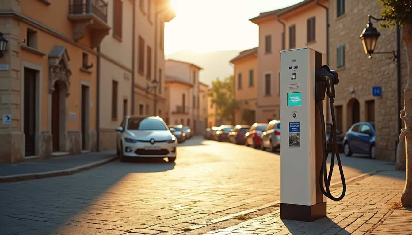 Borne de recharge publique située sur la place de l'église à Maclas