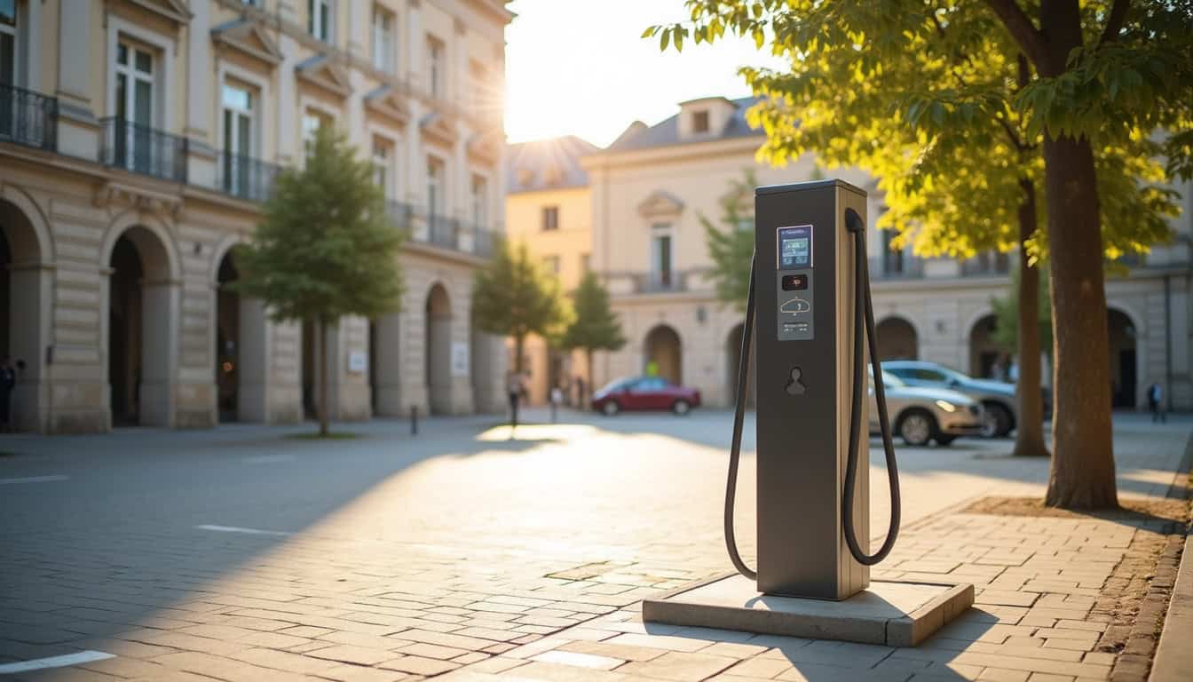 Borne de recharge publique située sur la Place du Champ de Mars à Thueyts