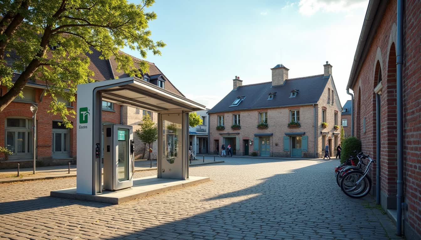 Borne de recharge publique située sur la place du village à Brouckerque