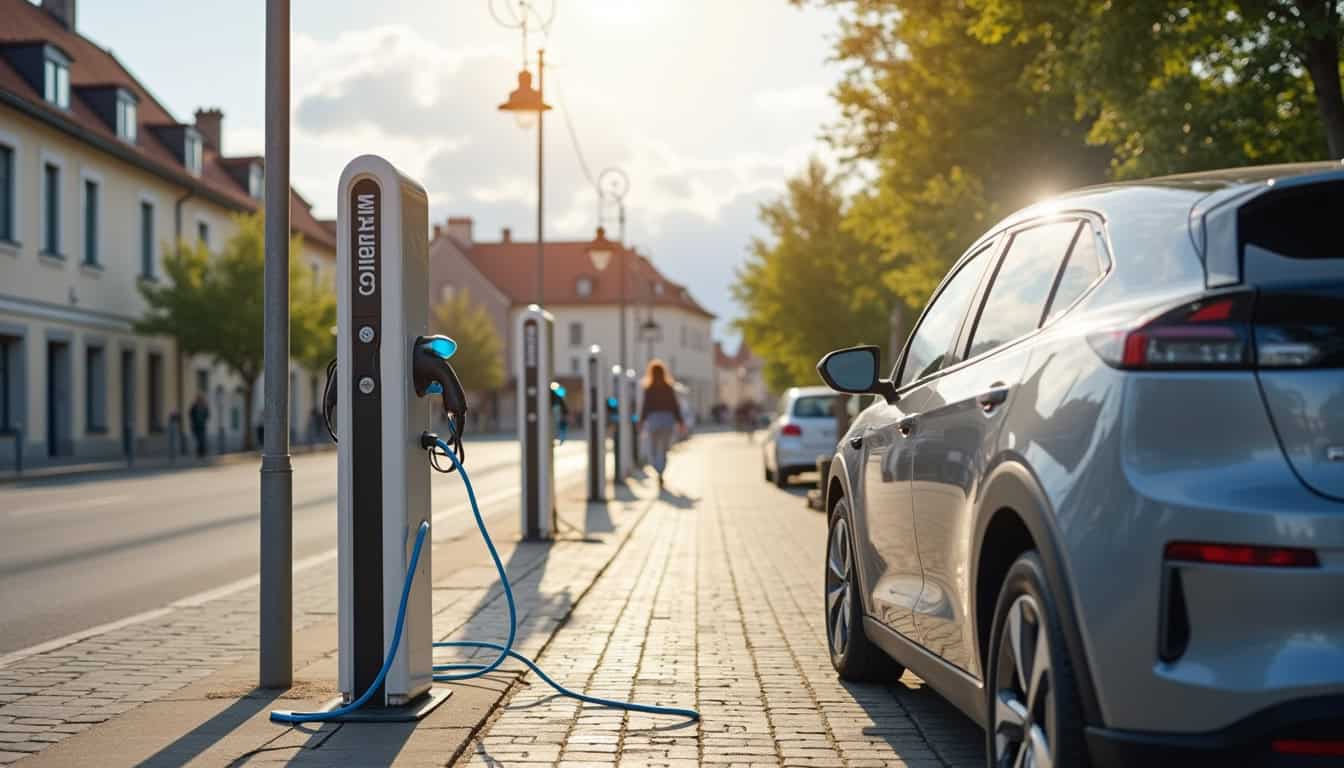 Borne de recharge publique située sur la Place Marcadieu à Garlin, avec véhicule en charge