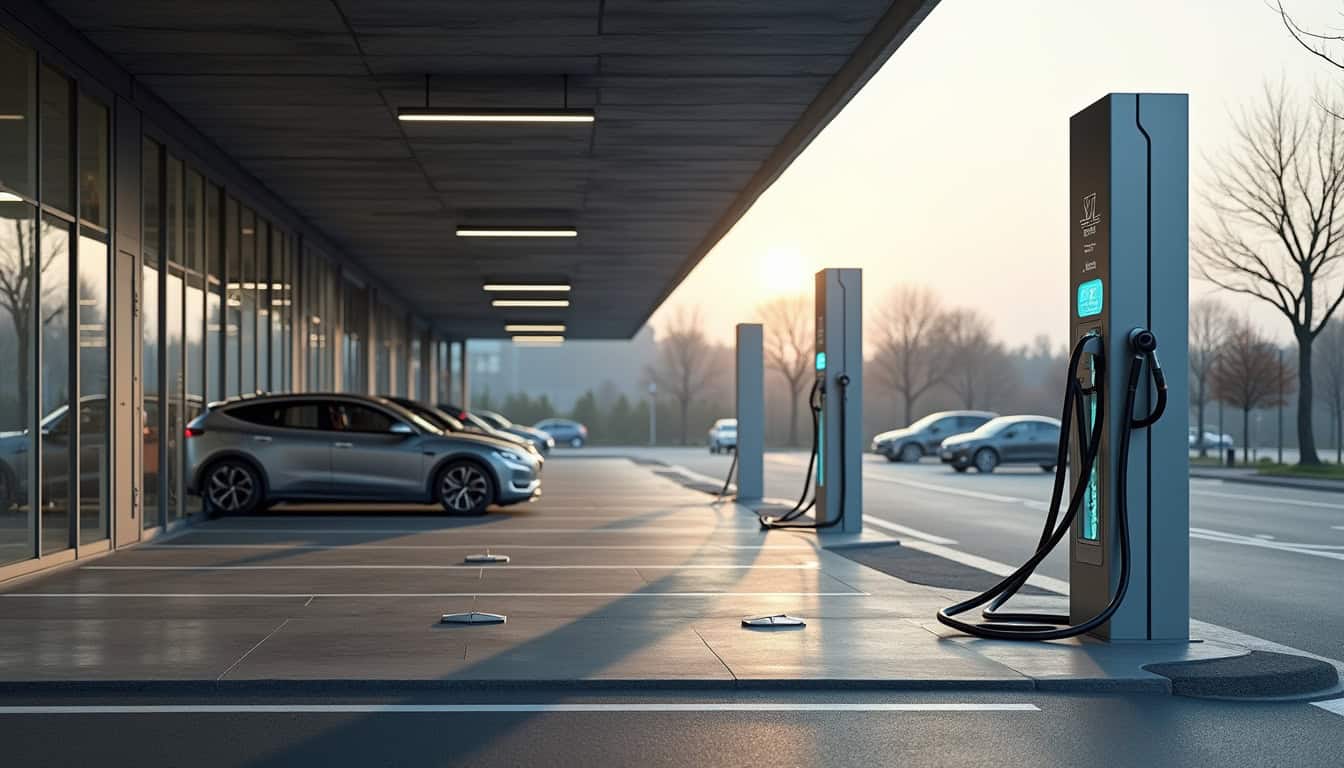 Borne de recharge publique située sur le parking d'un supermarché Auchan à Mont-Saint-Martin