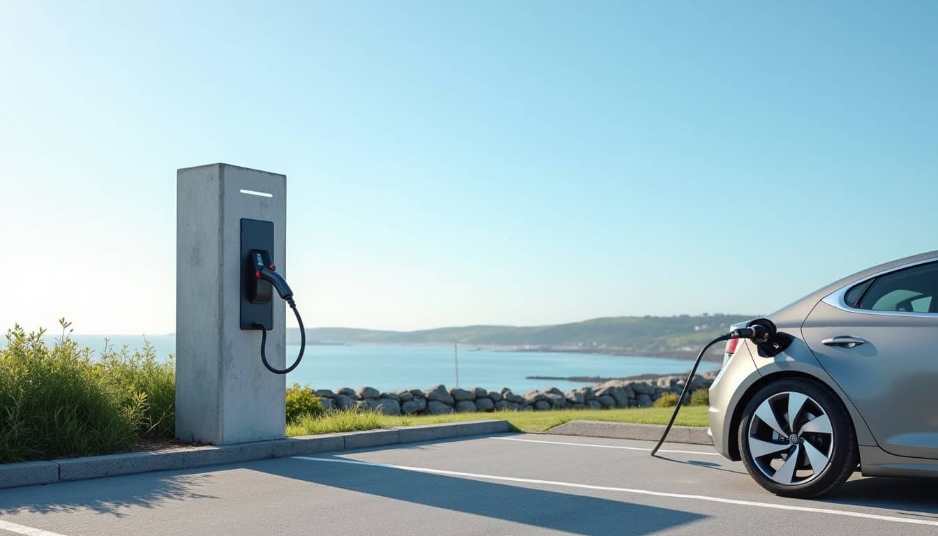 Borne de recharge publique située sur un parking à Roscoff