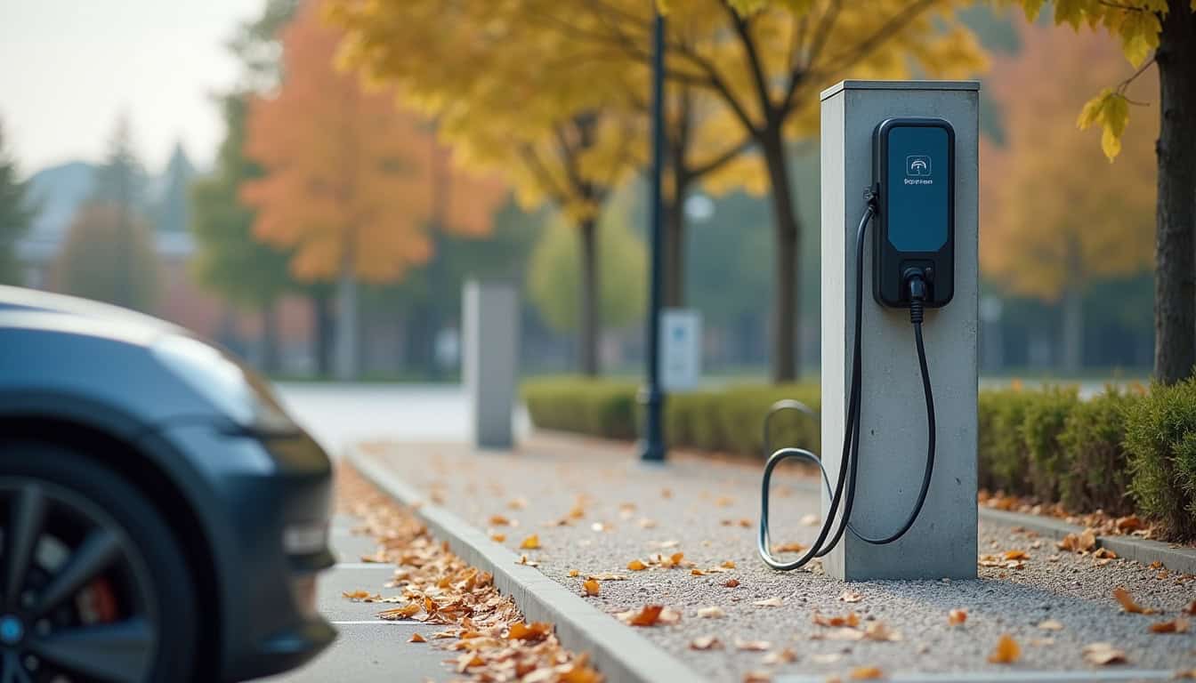 Borne de recharge publique située sur un parking à Talmont-Saint-Hilaire