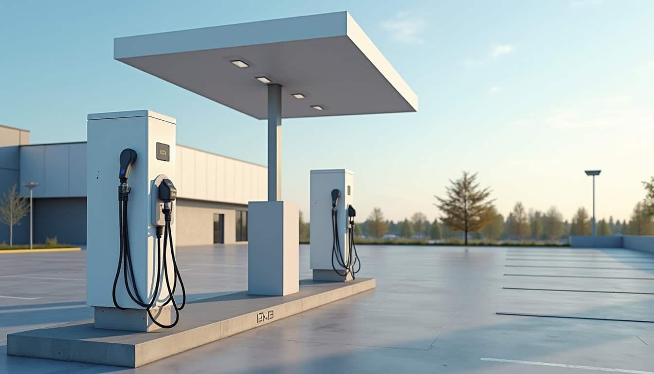 Borne de recharge publique située sur un parking commercial à Pouillon