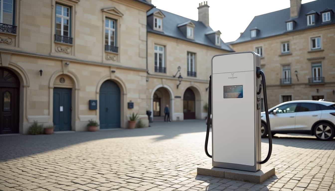Borne de recharge publique située sur une place en centre-ville d'Hermanville-sur-Mer