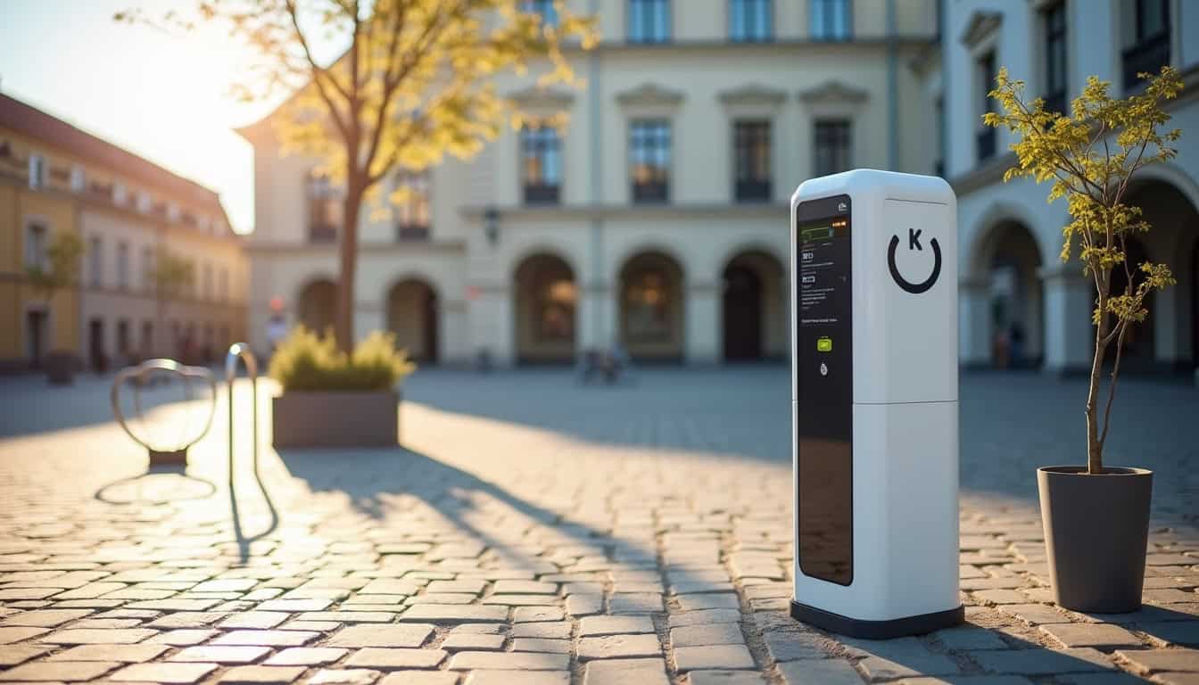 Borne de recharge publique SmiléMobi installée sur une place de Sèvremoine