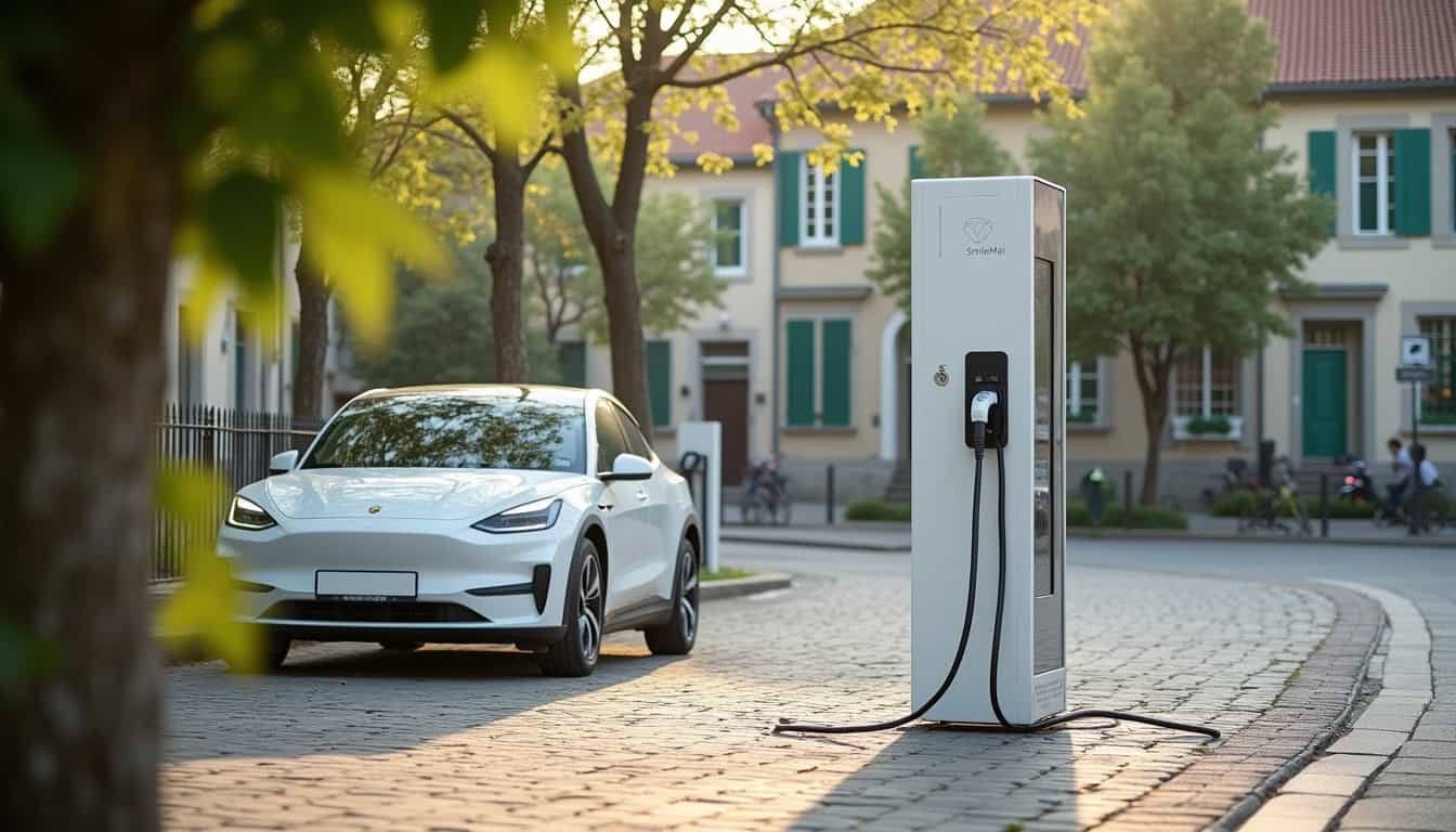 Borne de recharge publique SmiléMobi sur la place des Perrochères à Chemillé-en-Anjou